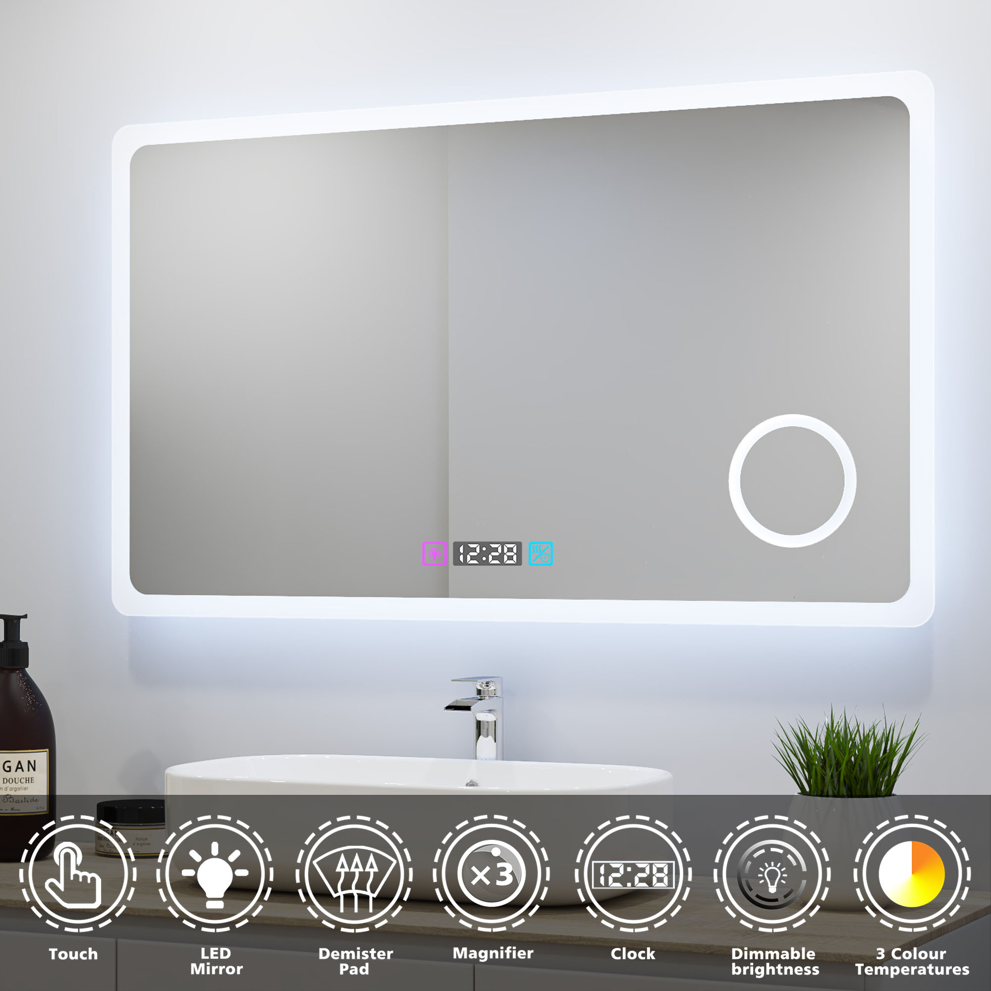 Bathroom Mirror LED Illuminated Lights with Bluetooth Speaker Clock